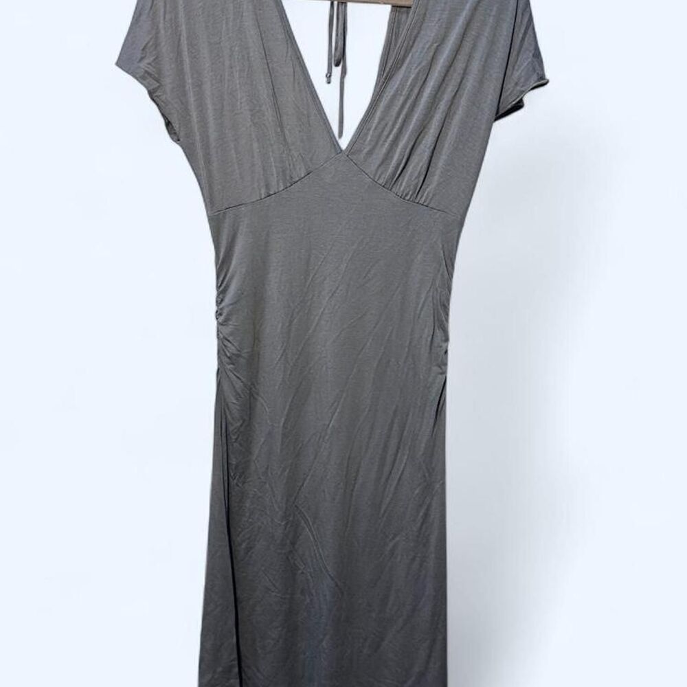 Eight Sixty V Neck Ruched Midi Dress Size M Charcoal Grey Tie Back Size S